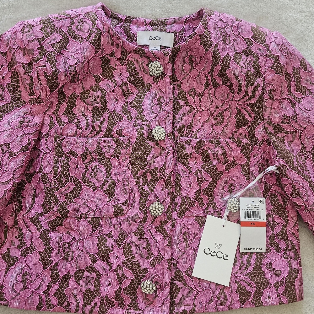 CeCe Antique Olive W/Pink Lace/ Rhinestone Button Cropped Collarless Jacket: XS - Picture 1 of 16